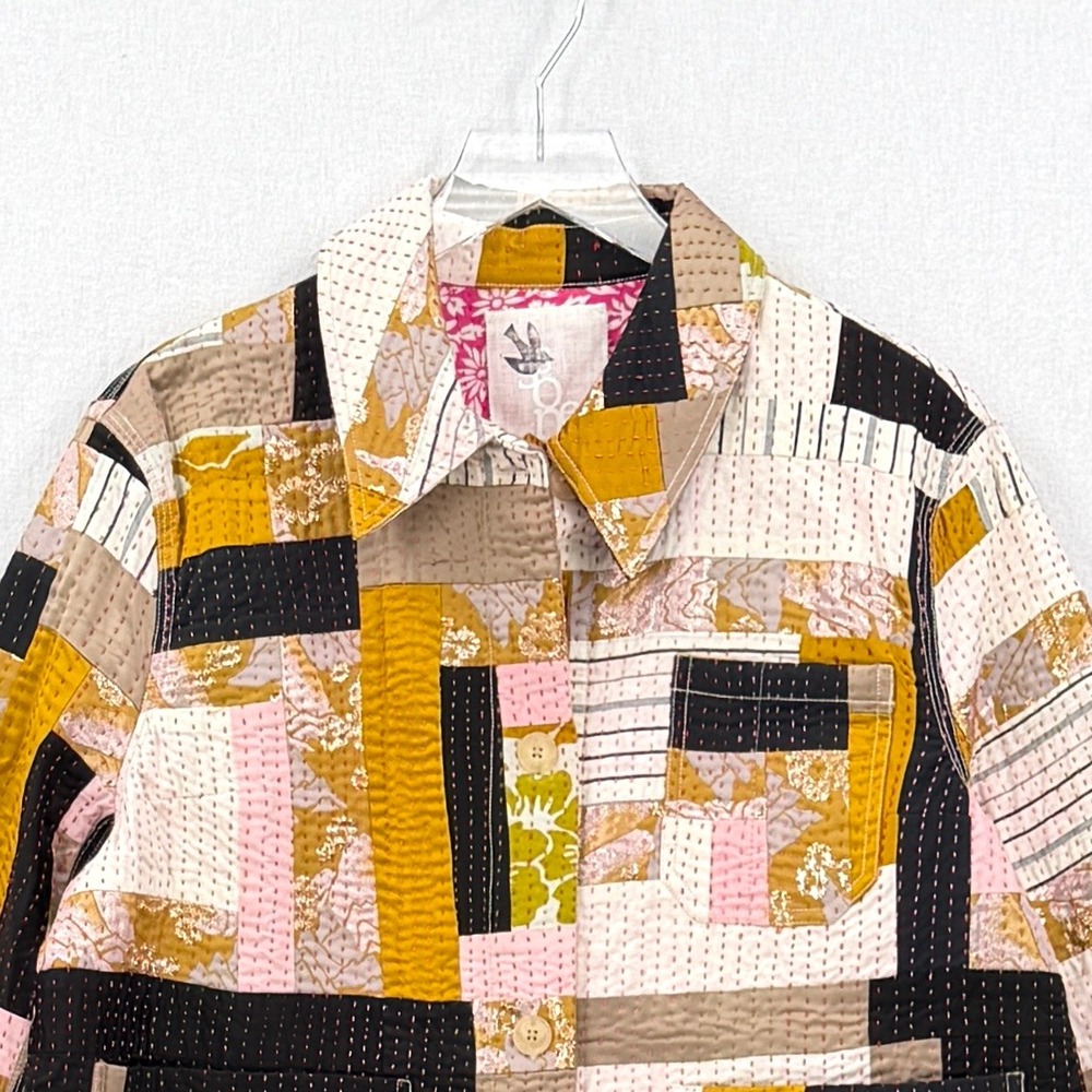 Ssōne Kantha Jacket Women 14 Yellow Cream Boho Quilted Patchwork Chore Button Up - Picture 5 of 13